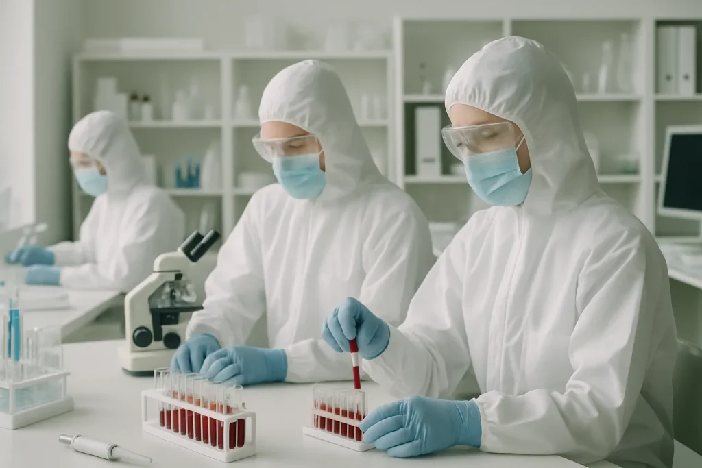 Techniciens en laboratoire manipulant des échantillons de sang avec équipement de protection approprié.