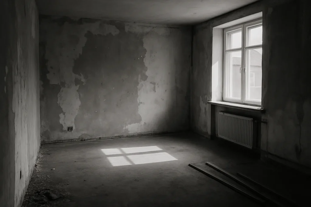 Intérieur d'une pièce vide en noir et blanc, traces de rénovation visibles