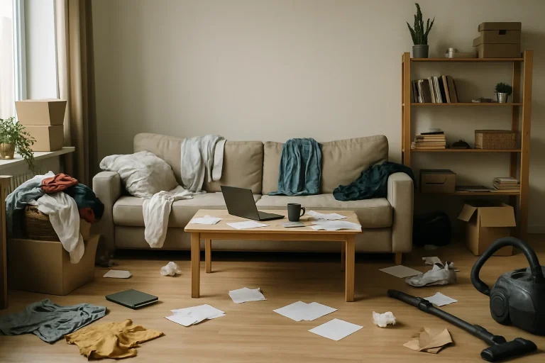 Appartement encombré avec objets éparpillés, éclairage doux