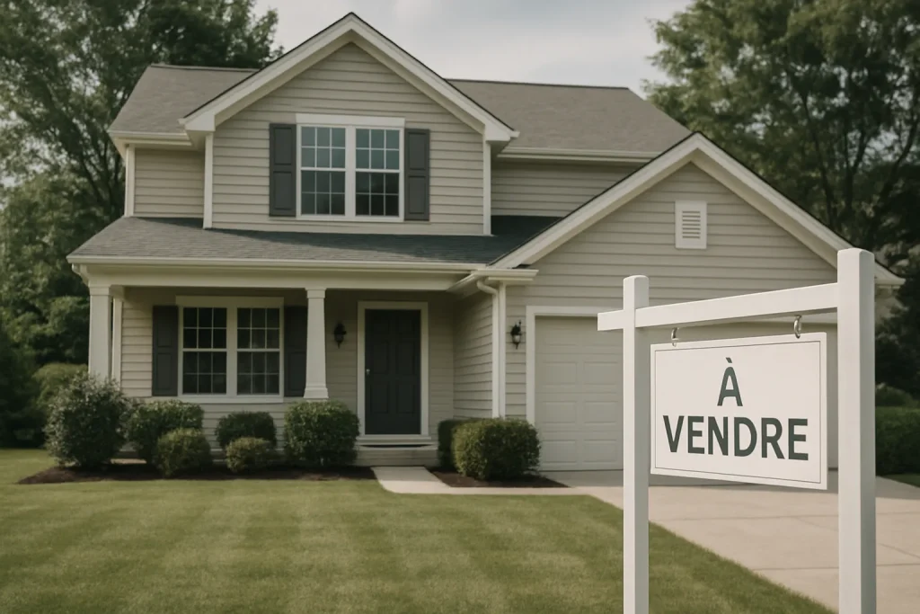 Maison avec panneau 'À vendre', pelouse soignée, lumière du jour
