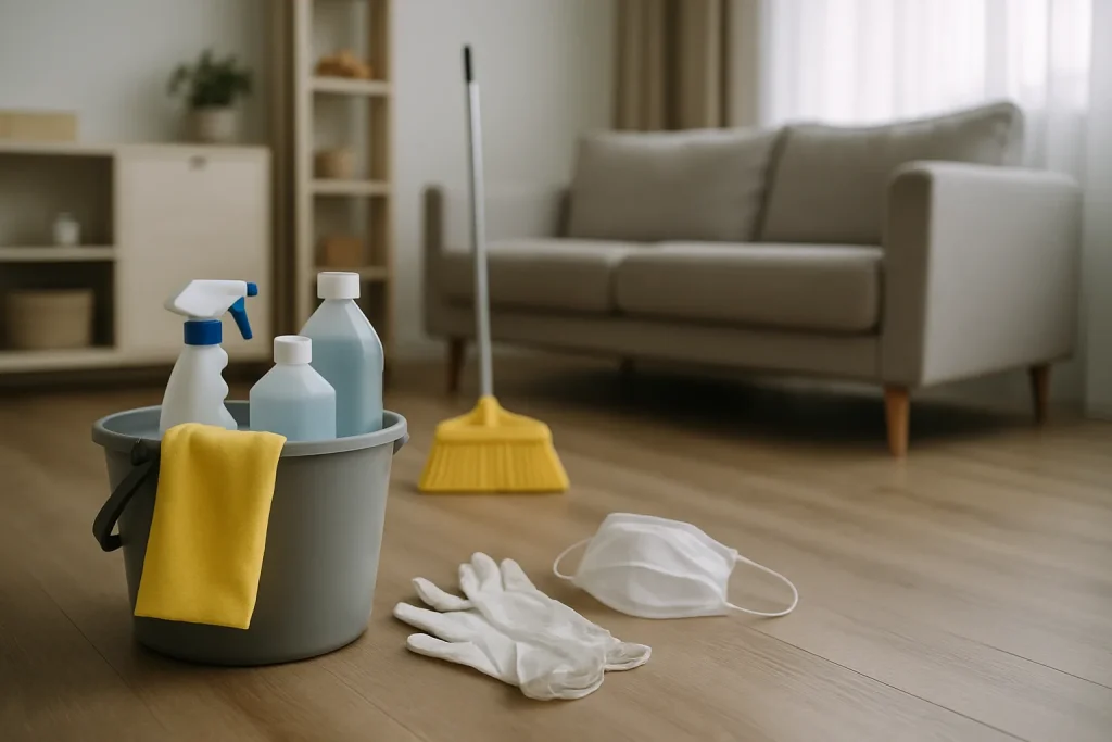 Scène de nettoyage après décès avec équipements de protection, lumière douce, ambiance sécurisée