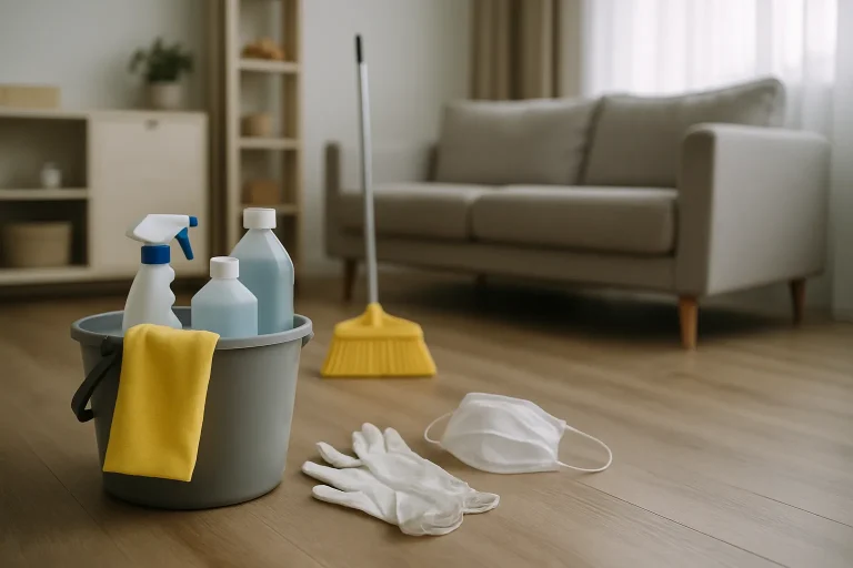 Scène de nettoyage après décès avec équipements de protection, lumière douce, ambiance sécurisée