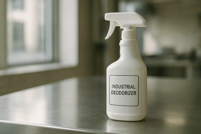 Bouteille de désodorisant industriel sur table en inox, lumière naturelle.