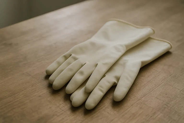 Gros plan sur des gants de nettoyage sur une table en bois, lumière naturelle