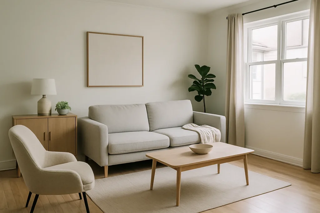 Un salon moderne et lumineux, rénové après un nettoyage Diogène