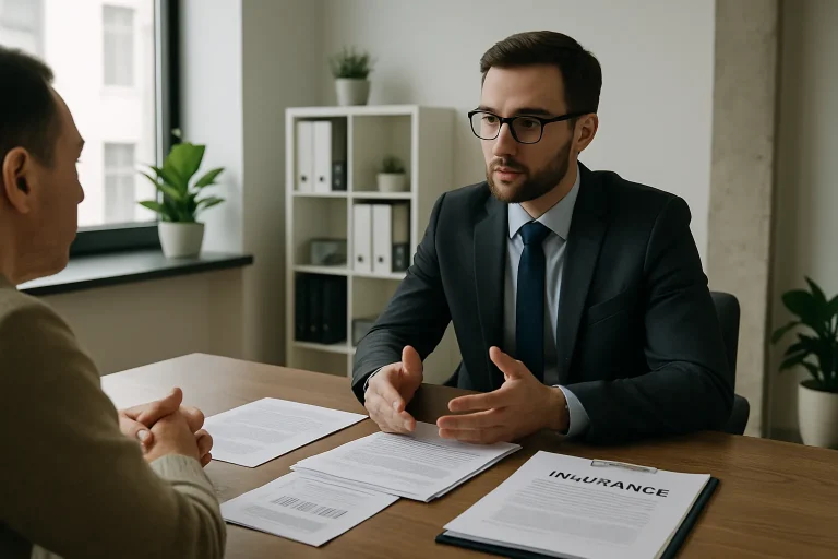 Agent d'assurance et client en discussion dans un bureau bien éclairé, documents sur le bureau.