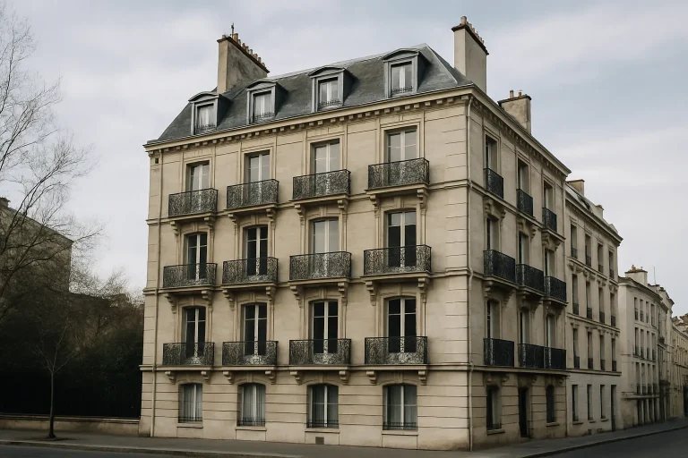 Vue d'extérieur d'un immeuble ancien avec balcons, lumière du jour, rue calme