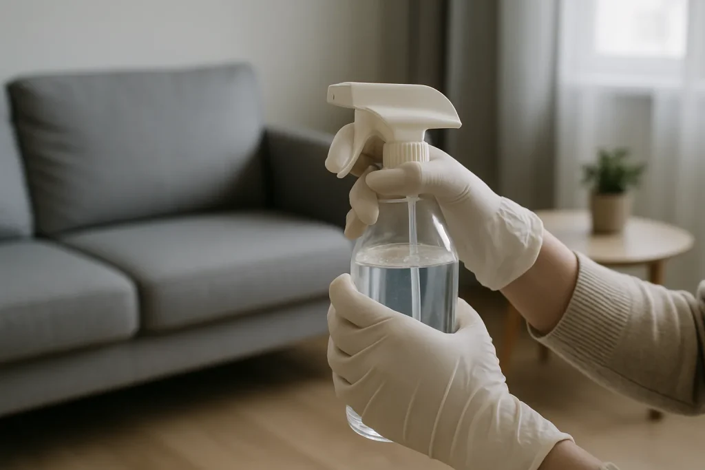 Scène de désinfection d'un appartement avec des mains gantées utilisant un produit, lumière neutre